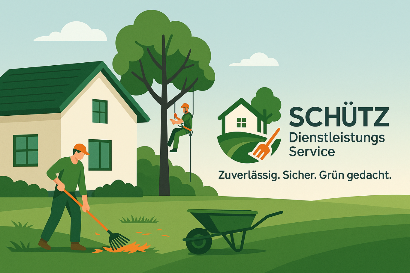 Gartenpflege-Service mit Arbeiter, Leiter und Schaufel neben einem Haus und Logo.
